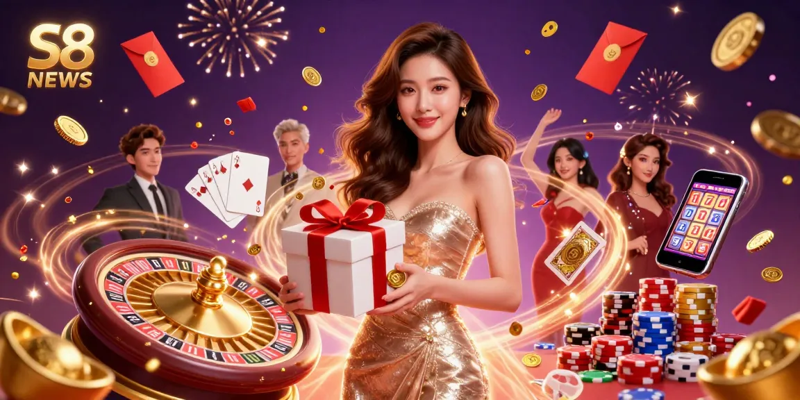 Experience the vibrant S8 NEWS casino atmosphere with a stunning illustration showcasing festive elements and thrilling game components.