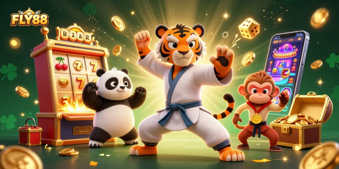 FLY88 unleashes slot excitement with fun graphics and playful characters in a vibrant casino scene.