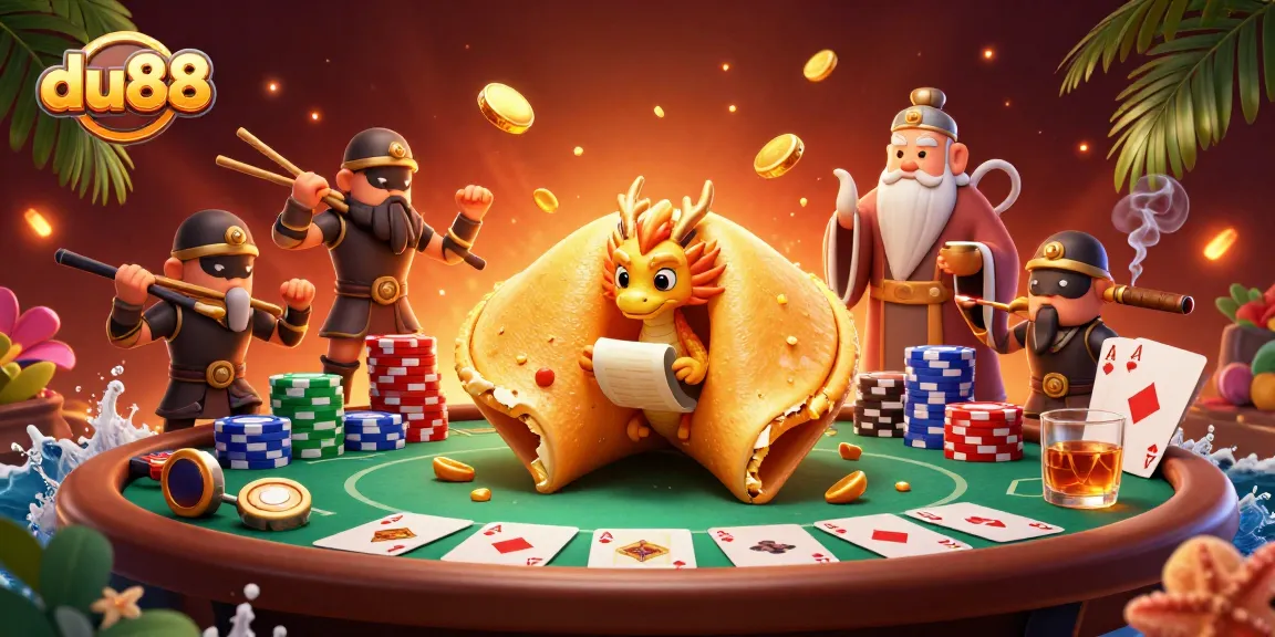 Dive into du88 with an enchanting 3D casino scene featuring fortune cookie characters and poker action.