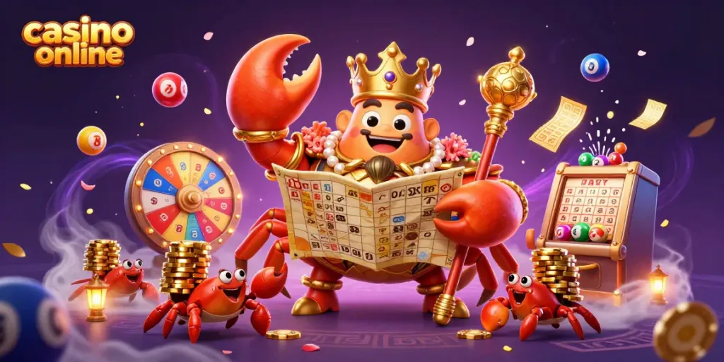 Engaging scene of a massive golden crab emperor with hermit crab servants showcasing the excitement of casino online gaming.