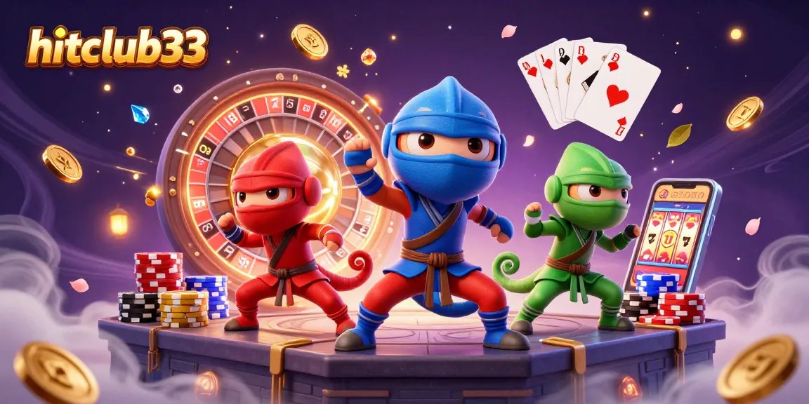 Experience the thrill of hitclub33 with ninja chameleons amidst cascading coins and vibrant casino elements.