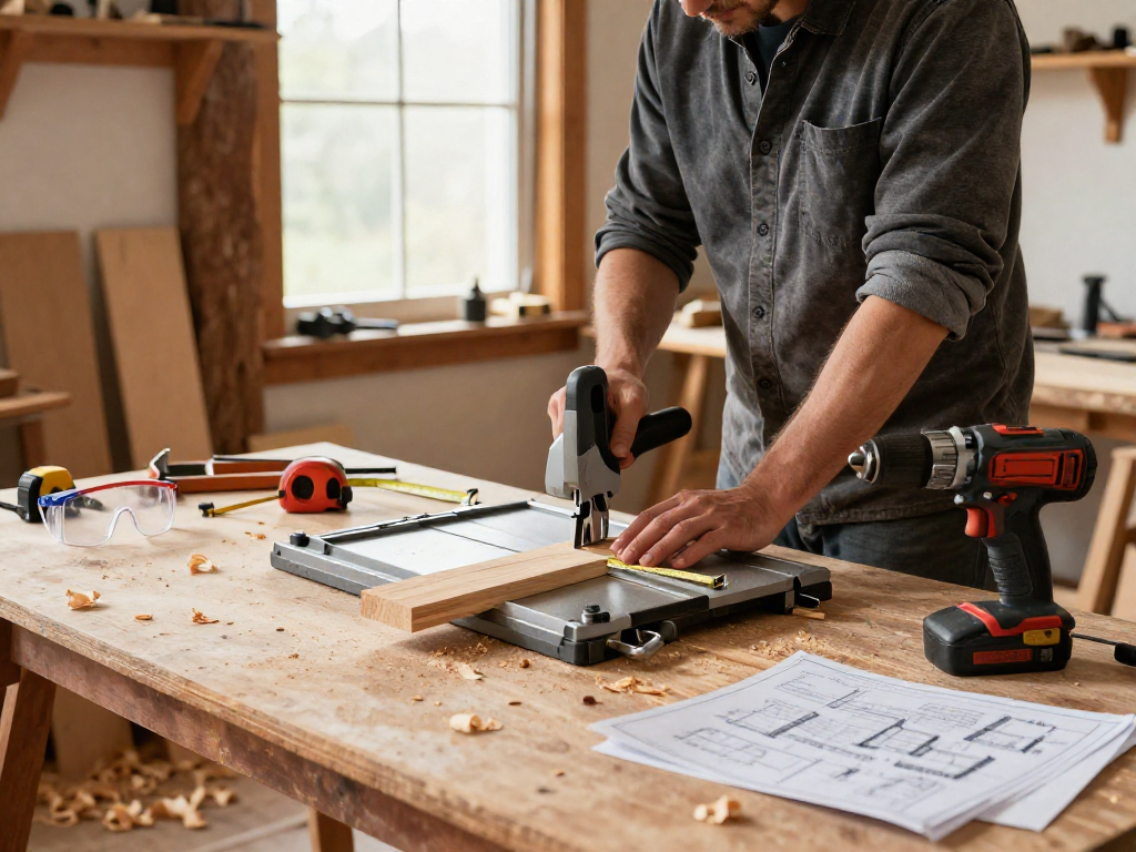 Craftsperson operating a table mitre saw with precision in a bright workshop.