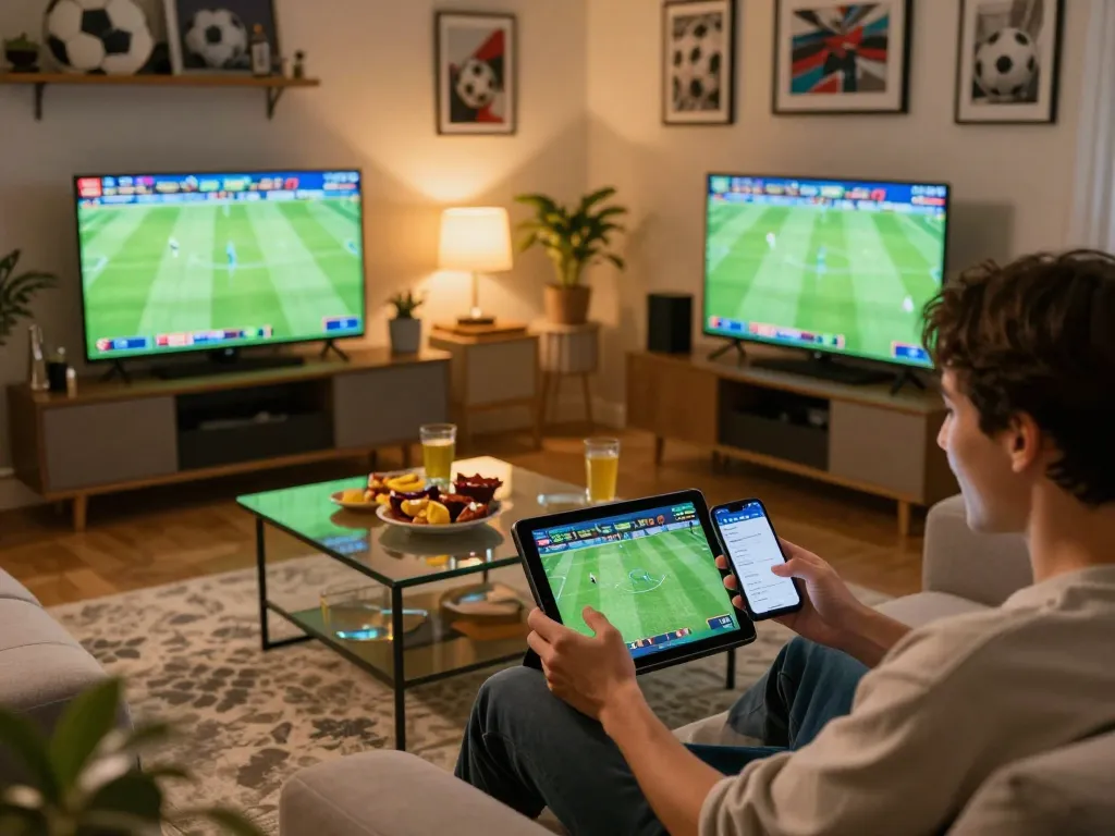 xem bóng đá trực tuyến in a lively home setting during an online sports betting session with multiple screens and enthusiastic player