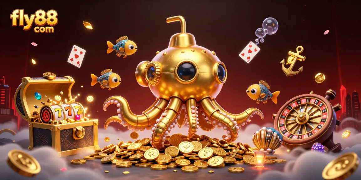 Experience the excitement of gaming at fly88 com with its vibrant 3D underwater themed illustration.