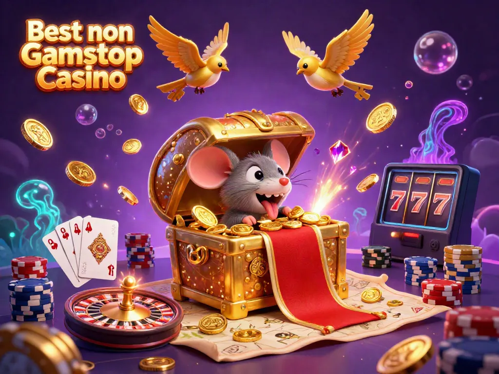 Engage with the Best non Gamstop Casino featuring a captivating treasure chest, coins, and roulette.