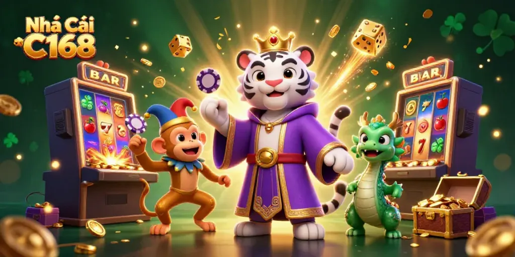 Engage in thrilling gaming with Nhà Cái C168, where the excitement of jackpots and animated characters creates a vibrant casino atmosphere.