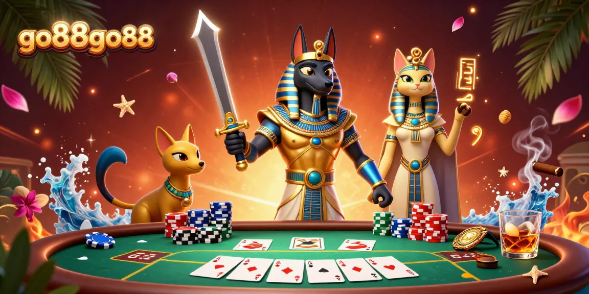 Experience go88go88 with Anubis and Bastet in a vibrant casino-themed scene, showcasing thrilling poker action.