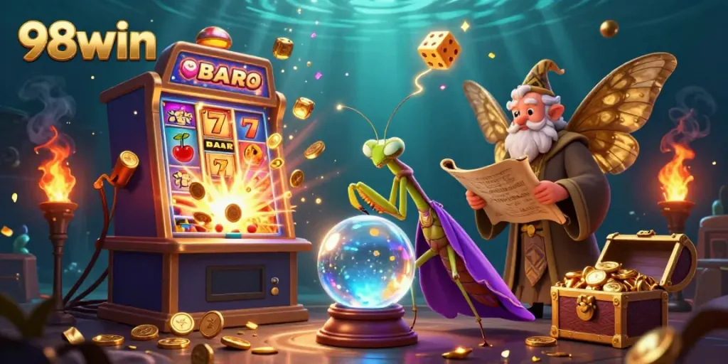 Experience the thrill of winning with 98win, featuring a vibrant casino scene with a fortune teller and rich game elements.