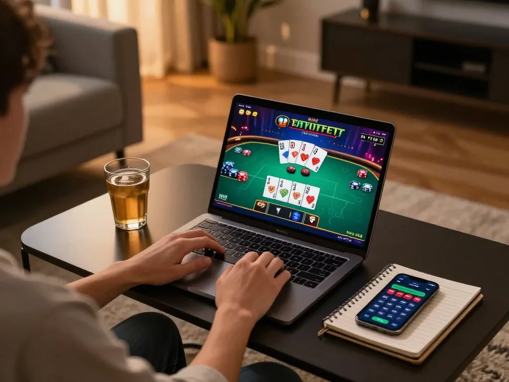Engage with mm888 online casino gaming on laptop featuring vibrant poker interface.
