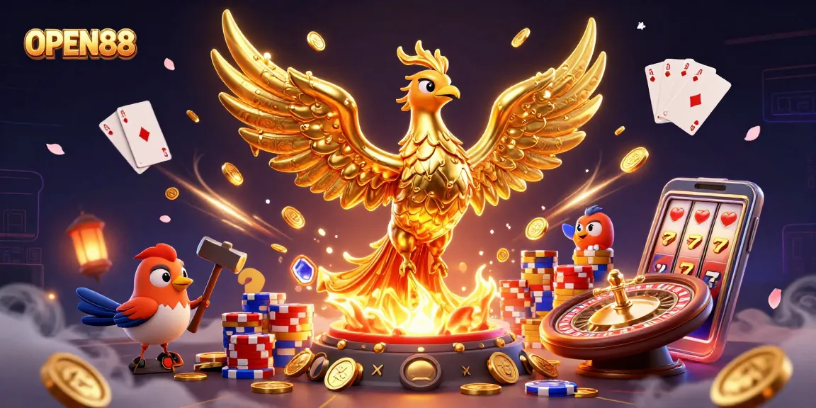 Join the excitement at OPEN88 with a striking phoenix and golden riches in a dynamic casino scene.