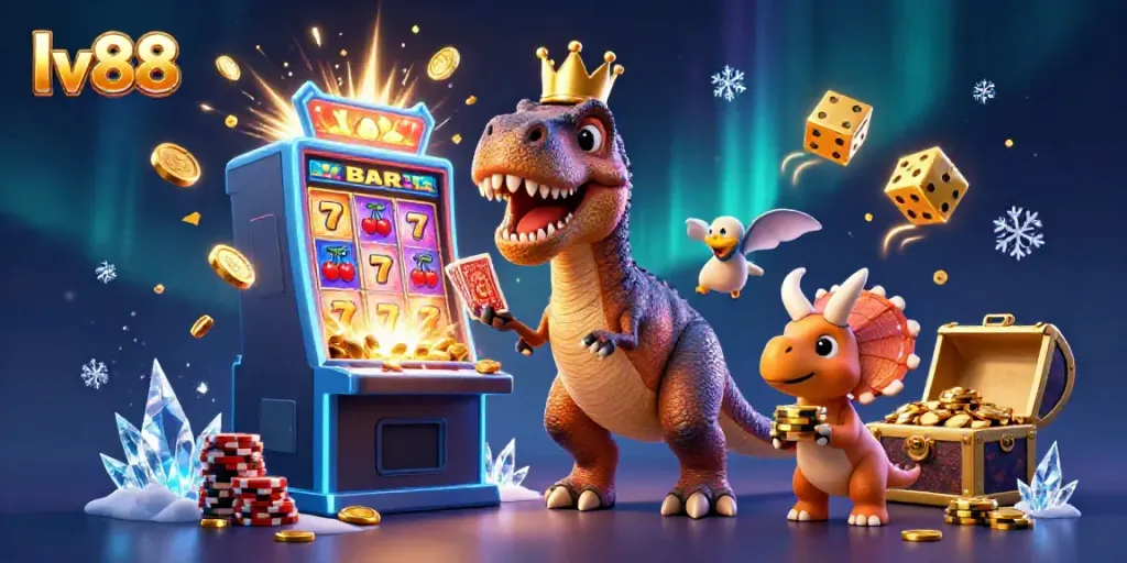 Experience exciting gameplay with lv88 featuring a T-Rex, Pterodactyl assistant, and Triceratops in a vibrant casino scene.