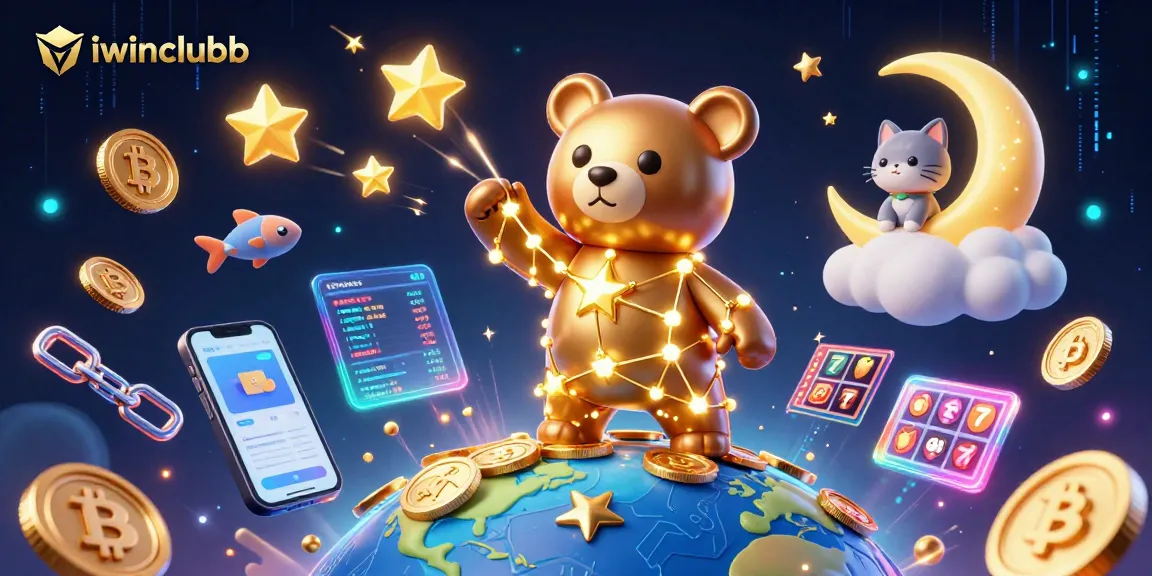 Experience exciting gameplay with iwinclubb as the constellation bear scoops coins amidst vibrant slot reels.