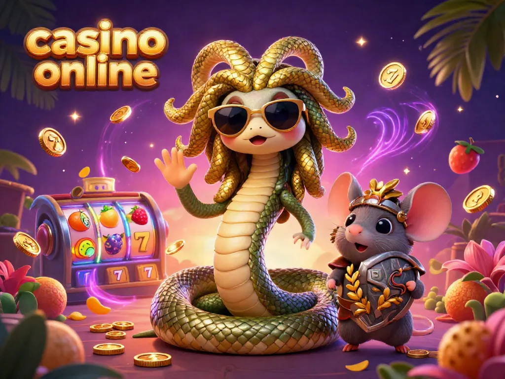 Experience the fun of casino online with a lively 3D illustration featuring Medusa and a warrior mouse surrounded by vibrant game elements.