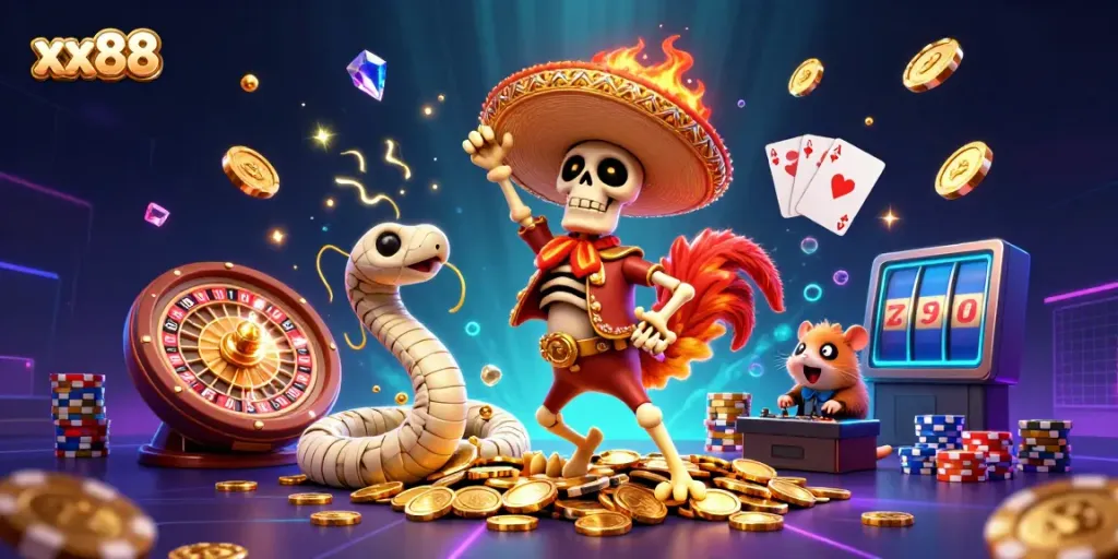 Experience the excitement of xx88 with vibrant casino-themed characters and dynamic game elements.