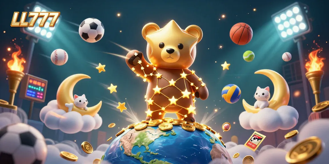 Engage with LL777's dynamic casino experience featuring a constellation bear, coins, and sports elements.