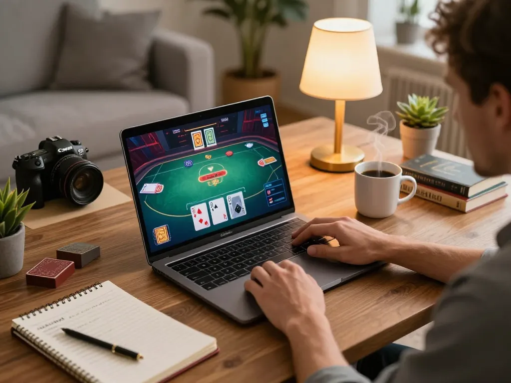 Player utilizing sc88 online casino app for a strategic poker game at home, warm cozy atmosphere.