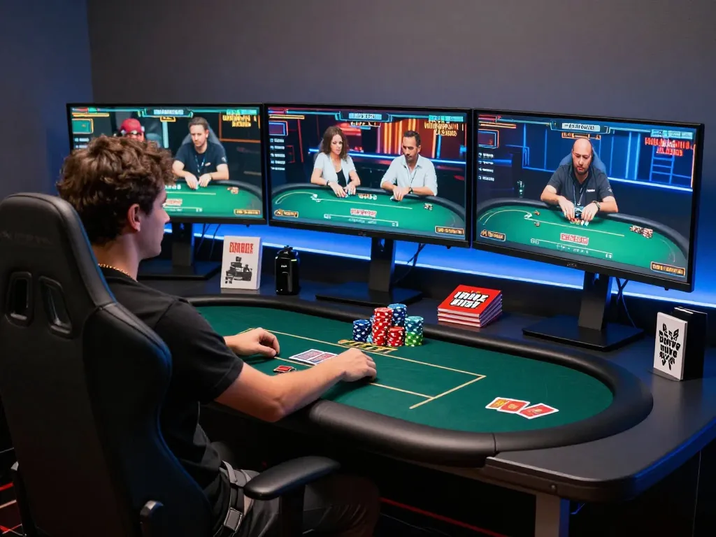 Engaging in online poker strategies at vaobet with multiple screens showcasing gameplay activities.