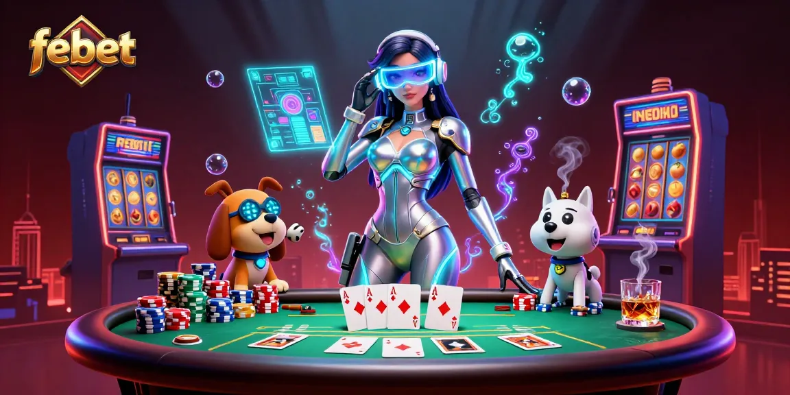Experience the excitement of febet casino with an immersive 3D illustration of casino elements and characters.