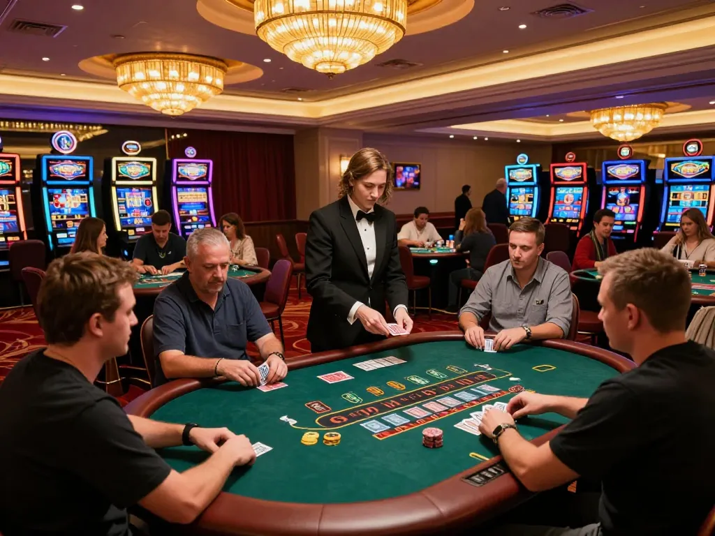 NoHu players engaging in intense blackjack game at a vibrant casino floor