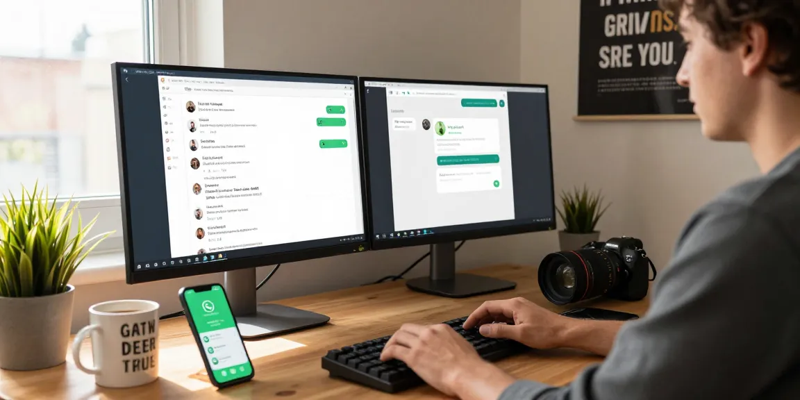User using WhatsApp電腦版 in a modern home office with dual monitors and ambient lighting.