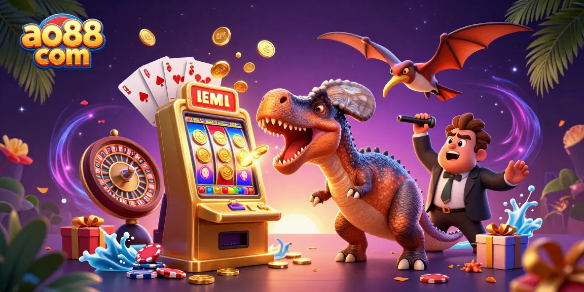 Engage with ao88 com as a pachycephalosaurus wins jackpot coins from a golden slot machine