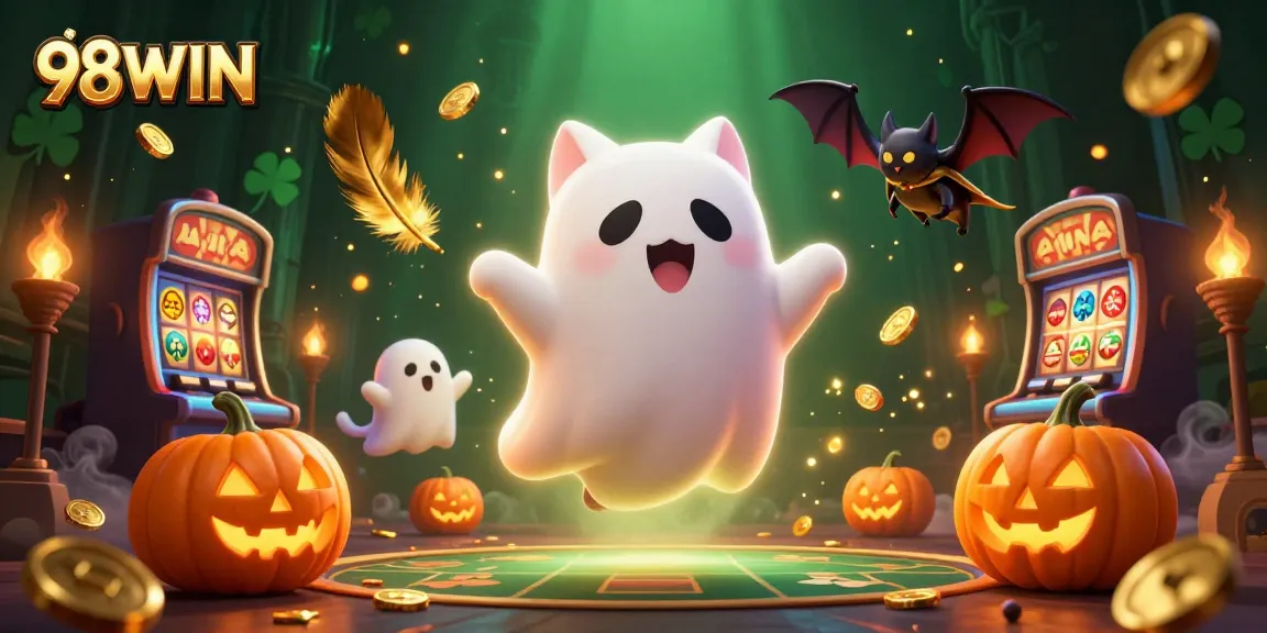 Capture the excitement of 98WIN with a friendly ghost cat and bat in a haunted casino scene.