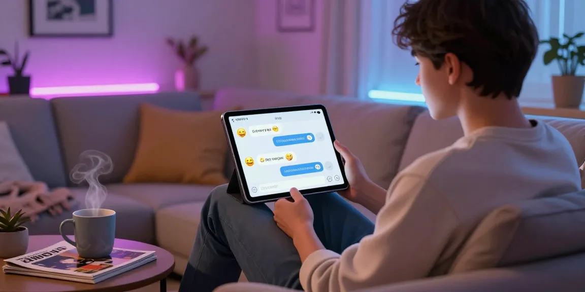 Engaging interaction with an nsfw chat bot on a tablet in a cozy living room.