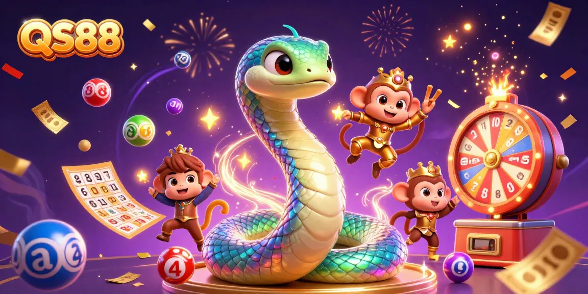 Experience fun with QS88 in a vibrant 3D casino illustration of a playful monkey king and a magical serpent.