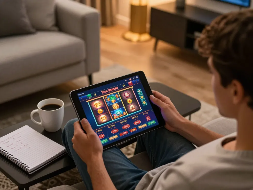 Engaging with go8 casino app on tablet in a cozy home environment, showcasing vibrant games