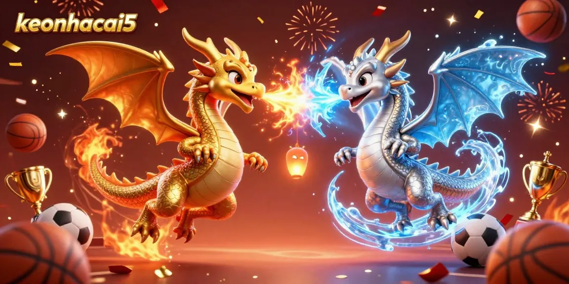 Engage in thrilling sports betting with keonhacai5, showcasing dynamic dragons, sports elements, and vibrant energy.