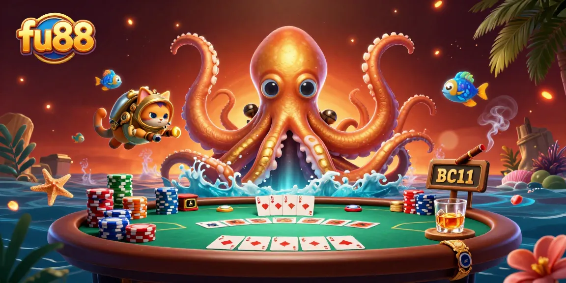 Engage your luck with fu88's thrilling poker action featuring a kraken and diving cat.