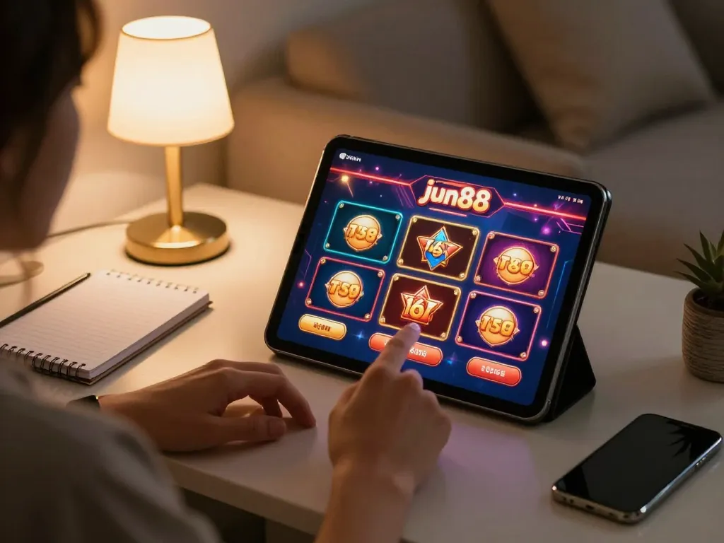 Player engaged with jun88 online casino app on tablet, cozy home setting showcasing strategy gaming.