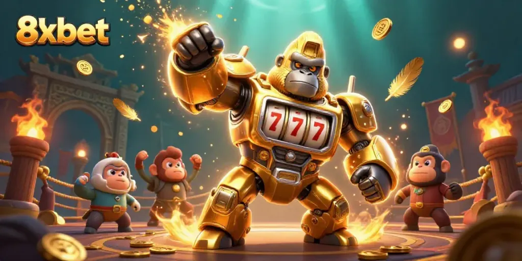 Engage in thrilling gaming action with 8xbet's dynamic 3D gorilla mech casino illustration.