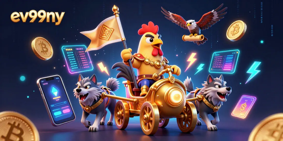 Experience thrilling gaming at ev99ny with a vibrant scene of a rooster warlord in a dynamic casino atmosphere.