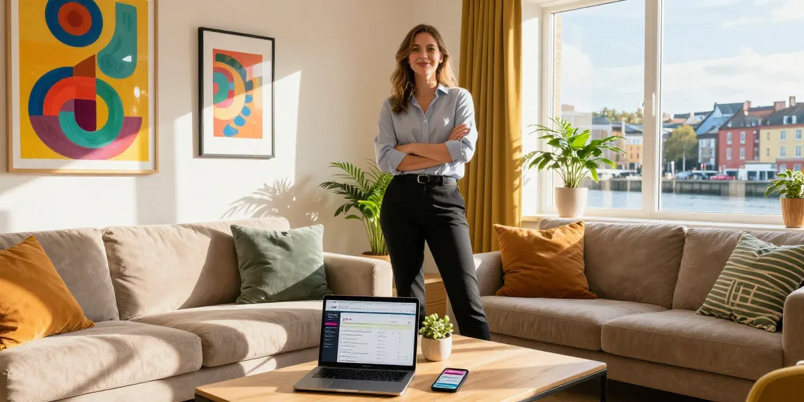 Airbnb management Bristol showcasing a professional manager in a stylish living space with vibrant decor and dynamic bookings on display.