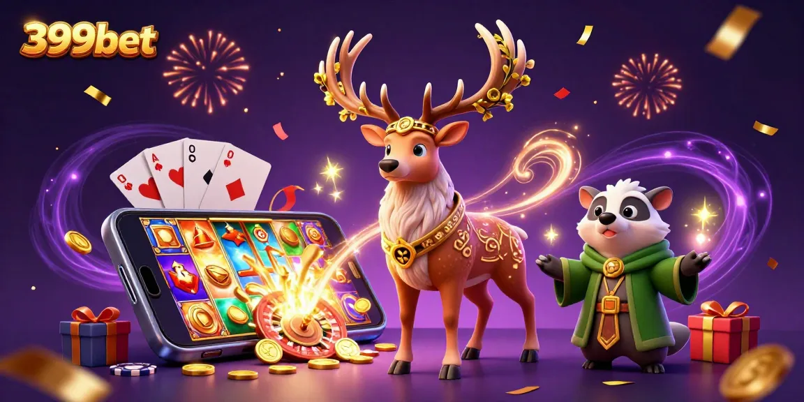 Win big at 399bet with vibrant slot games, featuring a 3D stag and badger in a magical scene.