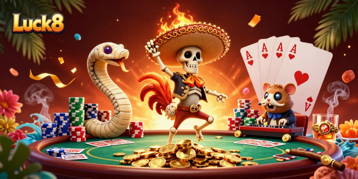 Luck8 features a vibrant casino scene with a mariachi rooster, golden coins, and a poker table.