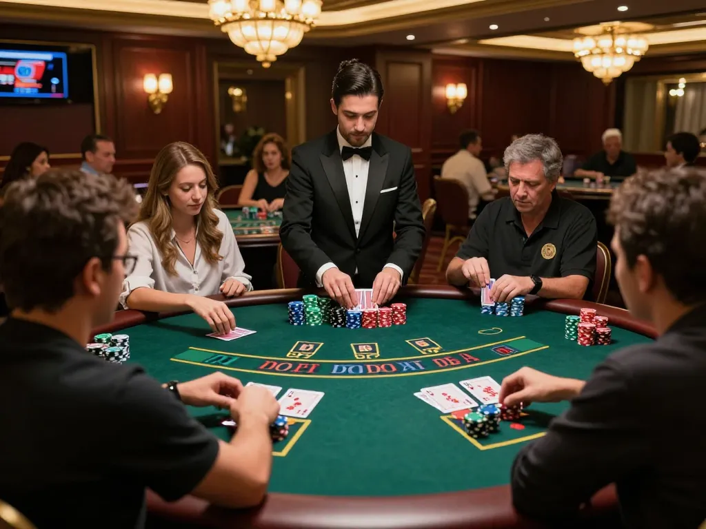 Players engaging in a strategic game of blackjack at the glamorous casino rokok88, showcasing vibrant atmosphere and anticipation.
