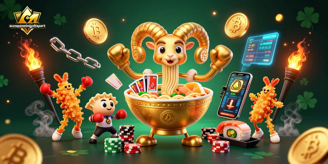 Engage with europeanminigolfsport via the lively 3D casino illustration showcasing a giant ramen bowl and crypto elements.