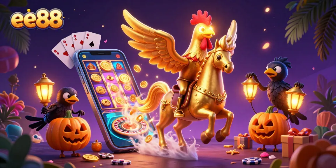 Experience exciting slots with ee88 with a golden rooster amidst casino games and vibrant elements.
