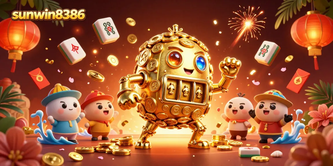 Engage in thrilling gaming at sunwin8386 with a dynamic scene of golden golems and festive casino elements.