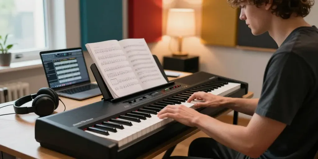 Person playing the GO 88 piano in a warm home music studio.