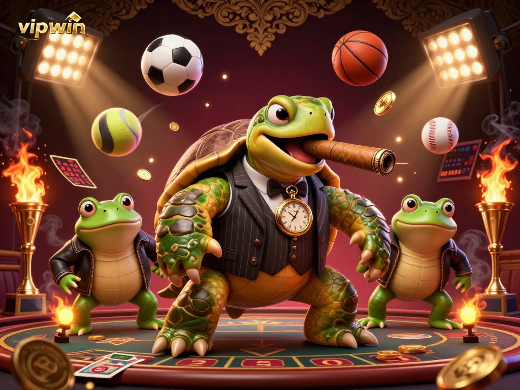 Experience the thrill of vipwin with a 3D casino scene featuring unique characters and vibrant elements.