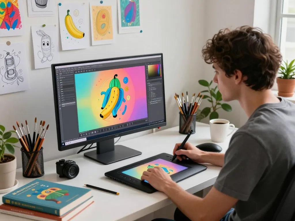 Artist using nano banana flash AI technology to create vibrant digital art in a modern studio.
