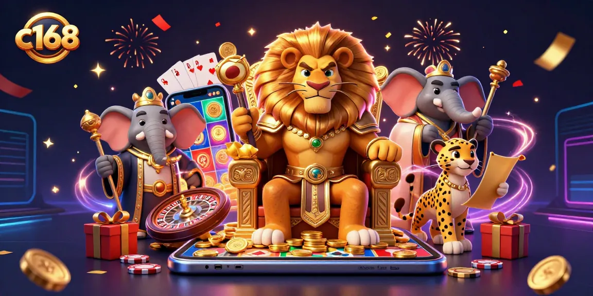 Experience thrilling slots with c168's vibrant 3D casino illustration featuring royal characters.