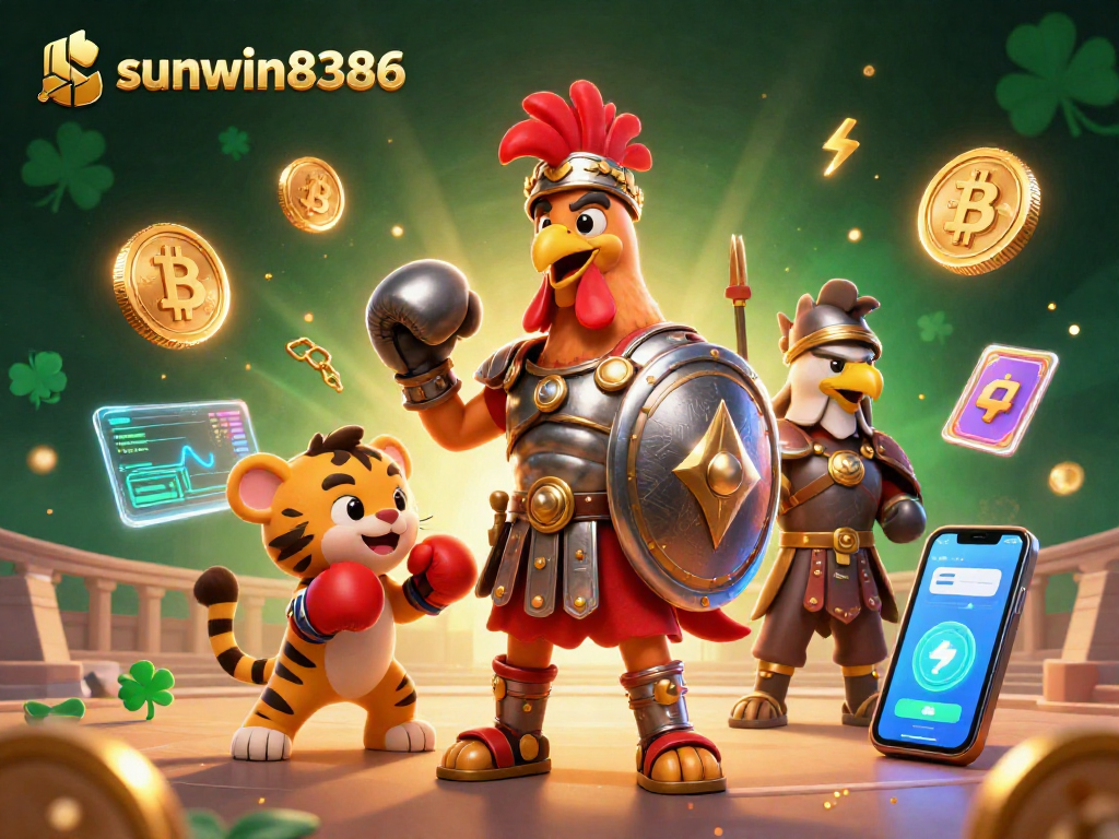 Experience the excitement of sunwin8386 with a gladiator rooster and crypto coins in this vibrant casino scene.