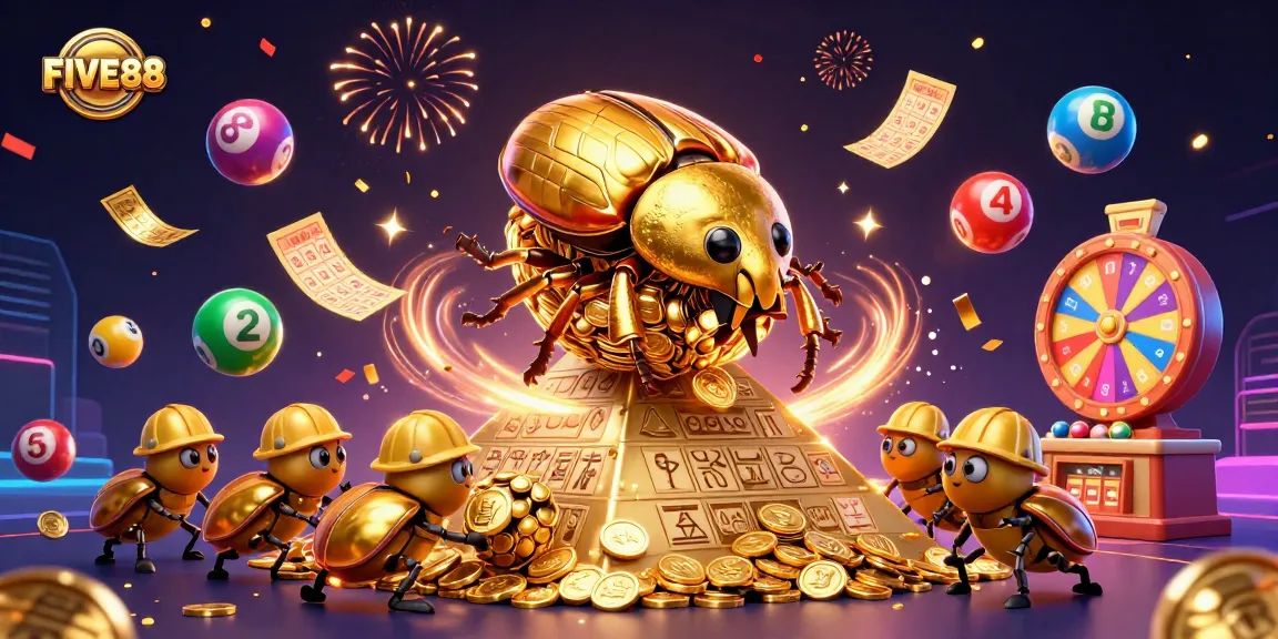 Experience the excitement of gaming with FIVE88 as golden beetles gather coins amidst dynamic casino elements.