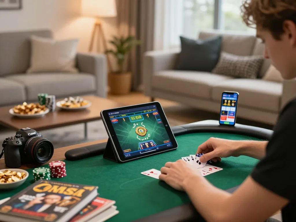 Người chơi poker trên máy tính bảng cho 12bet trong không gian ấm cúng với các chiến lược hiện ra.