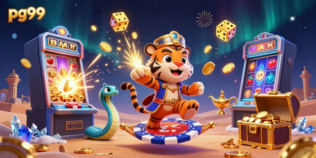 Experience excitement at pg99 with a vibrant online casino themed illustration, featuring a tiger sultan and jackpot symbols.