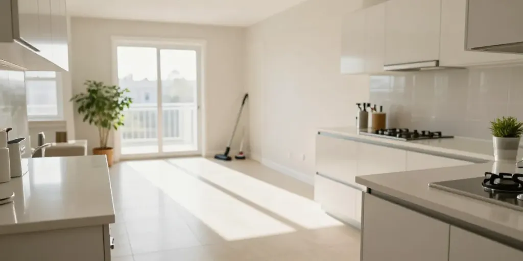 End of lease cleaning Melbourne: Sparkling clean kitchen and living area ready for inspection, highlighting quality cleaning services.